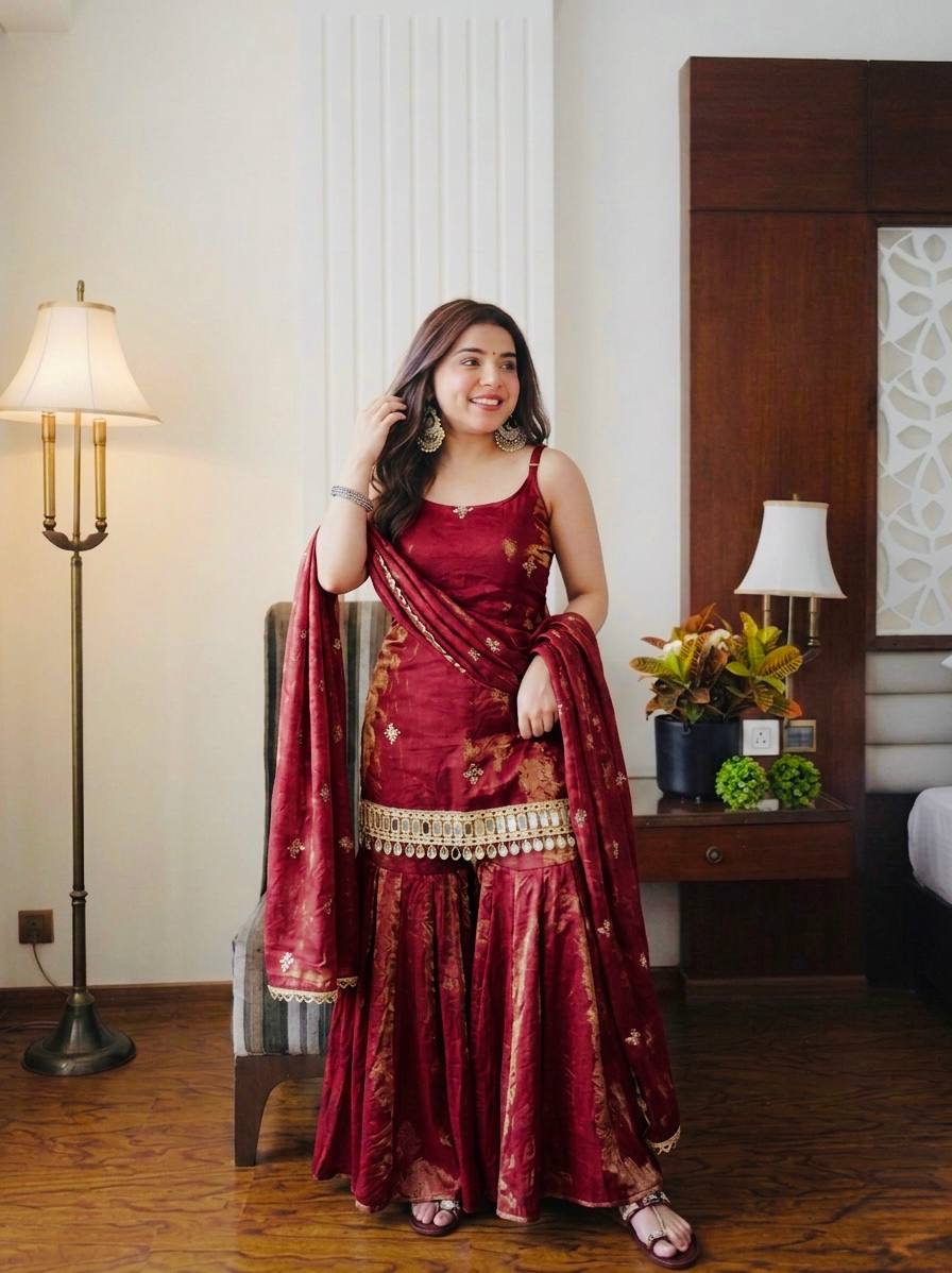 Premium Fendy Silk Real Mirror Work Sharara Set with Embroidered Dupatta