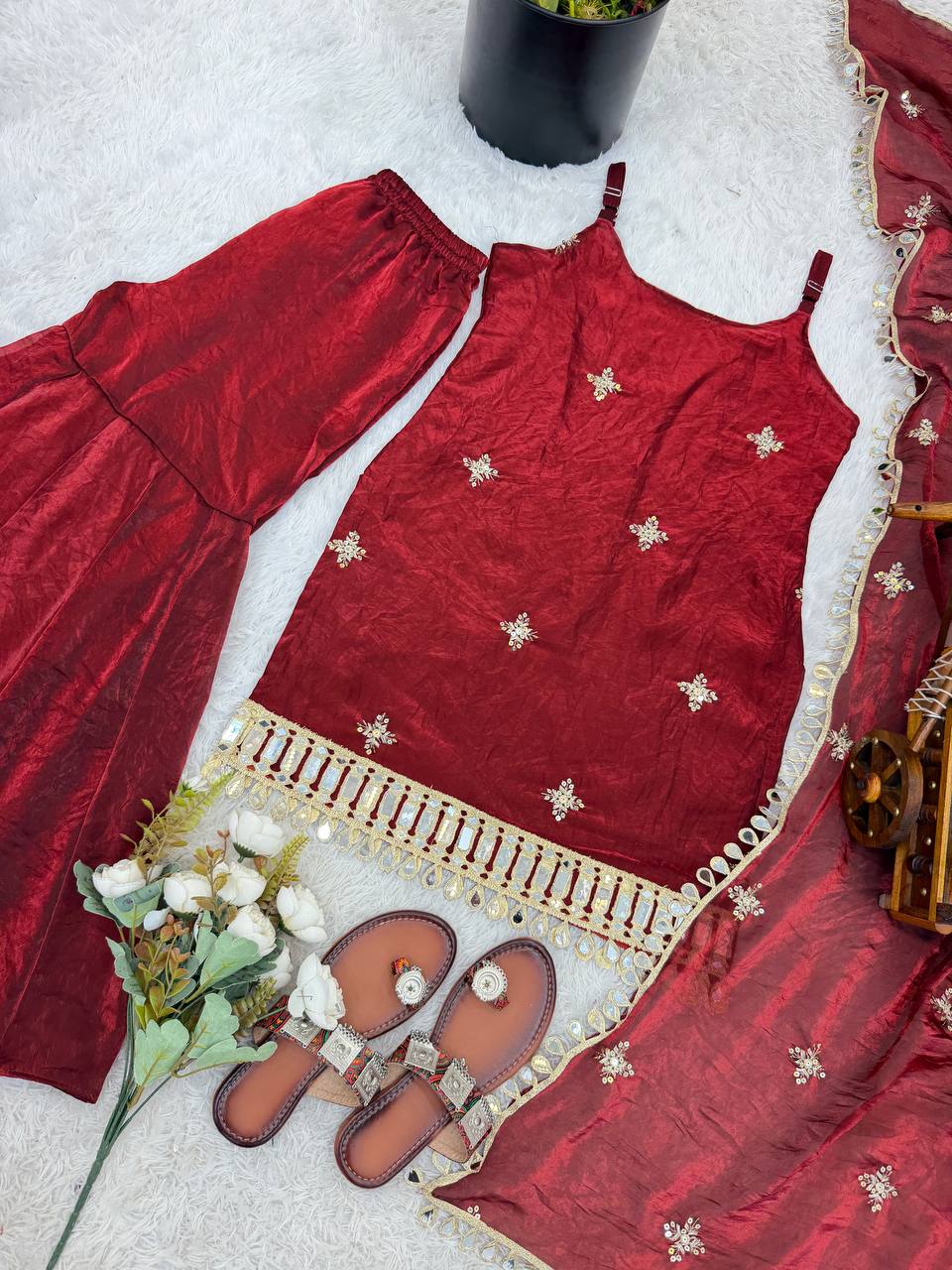 Premium Fendy Silk Real Mirror Work Sharara Set with Embroidered Dupatta
