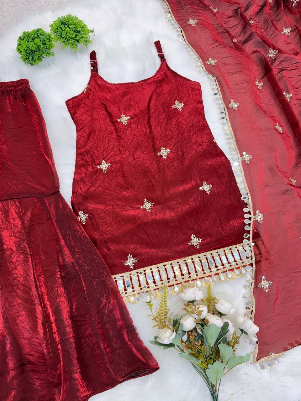 Premium Fendy Silk Real Mirror Work Sharara Set with Embroidered Dupatta
