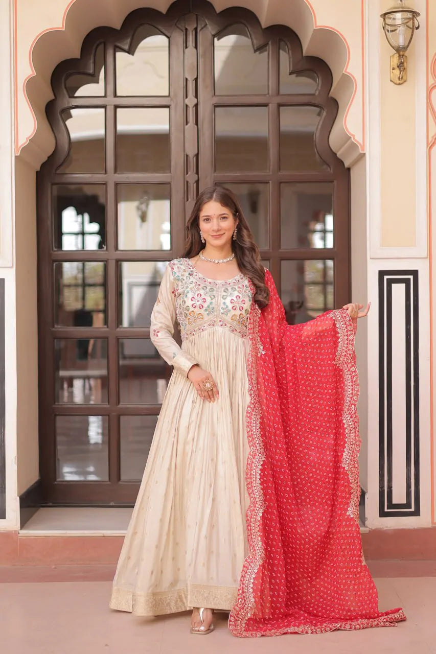 Cosmos Designer Gown with Beads Embroidery & Bandhani Print Dupatta