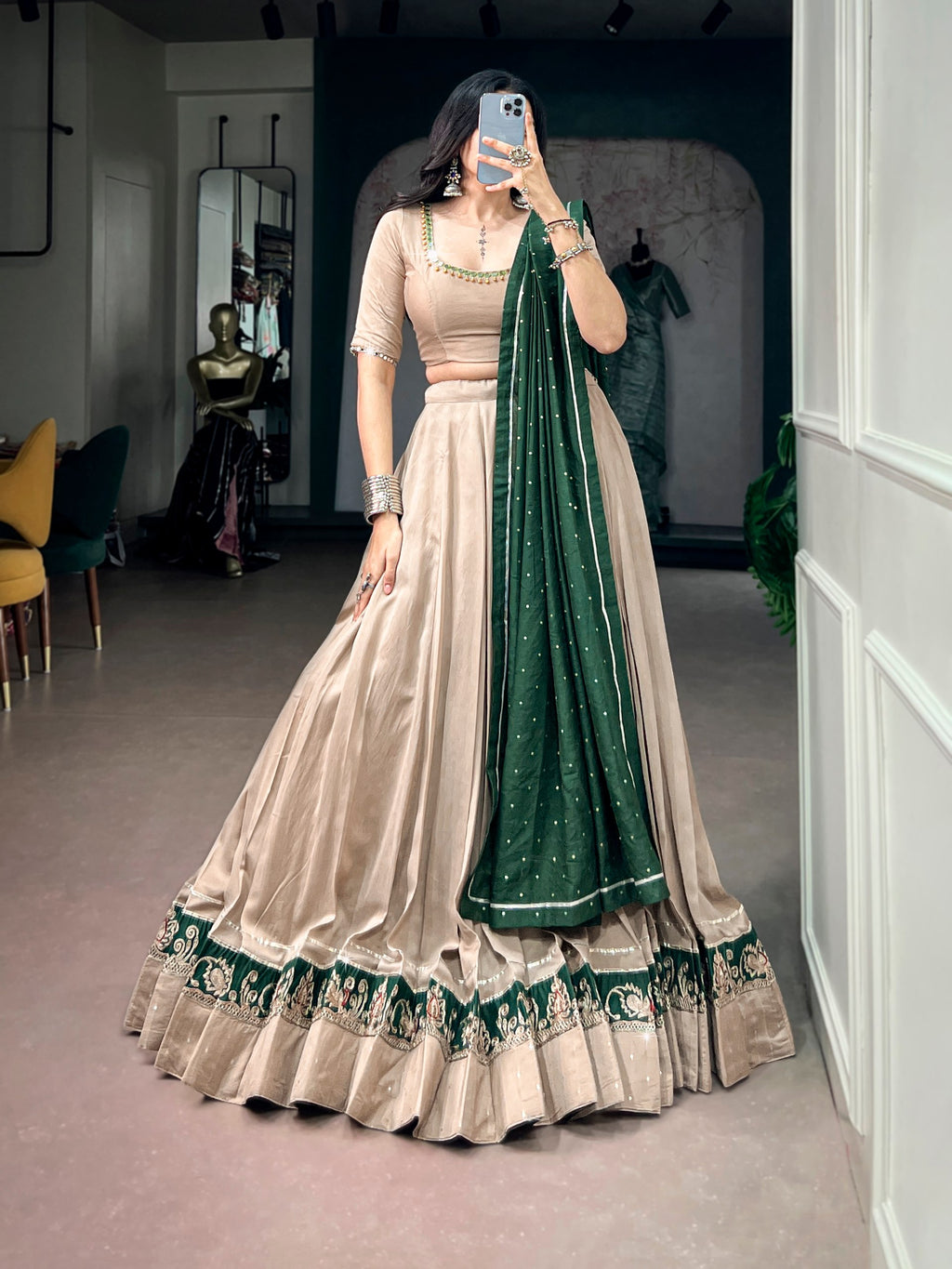 Beautiful Chanderi Ghughri & Mirror Work Lehenga Choli Set with Gotta Patti Dupatta