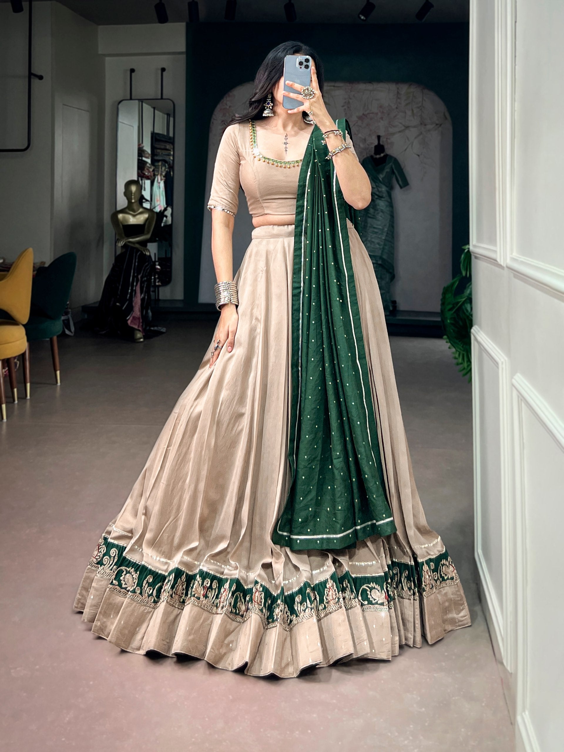 Beautiful Chanderi Ghughri & Mirror Work Lehenga Choli Set with Gotta Patti Dupatta