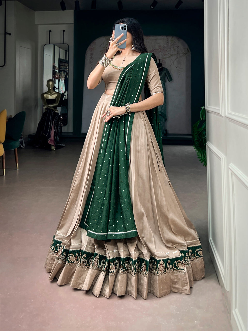 Beautiful Chanderi Ghughri & Mirror Work Lehenga Choli Set with Gotta Patti Dupatta