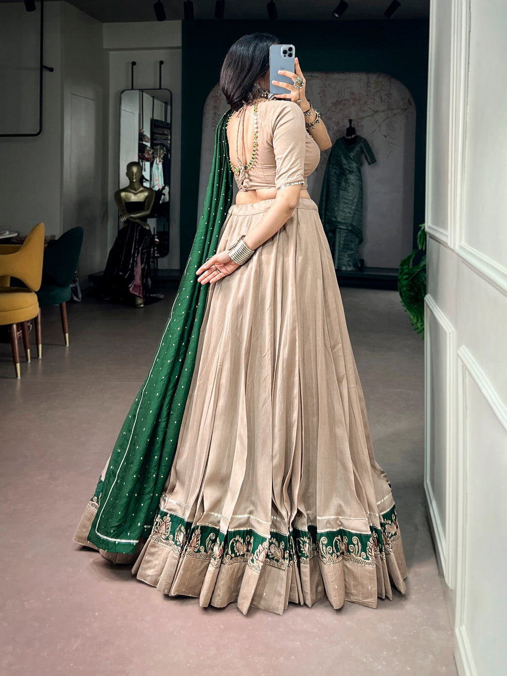 Beautiful Chanderi Ghughri & Mirror Work Lehenga Choli Set with Gotta Patti Dupatta