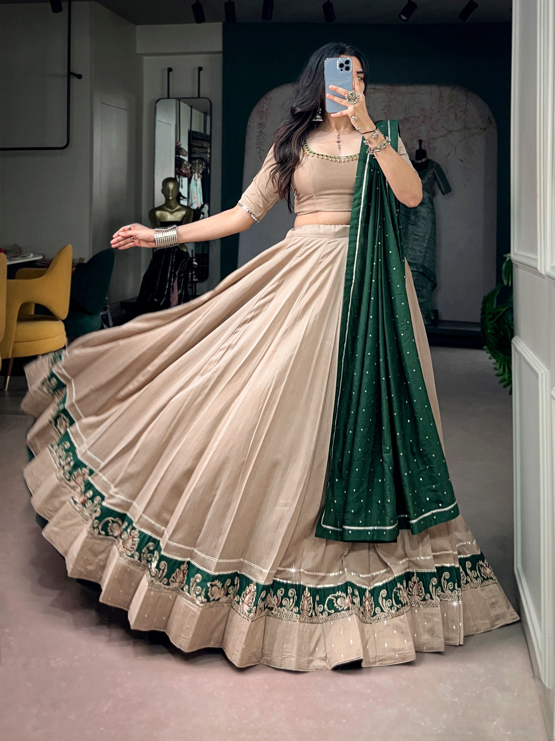 Beautiful Chanderi Ghughri & Mirror Work Lehenga Choli Set with Gotta Patti Dupatta