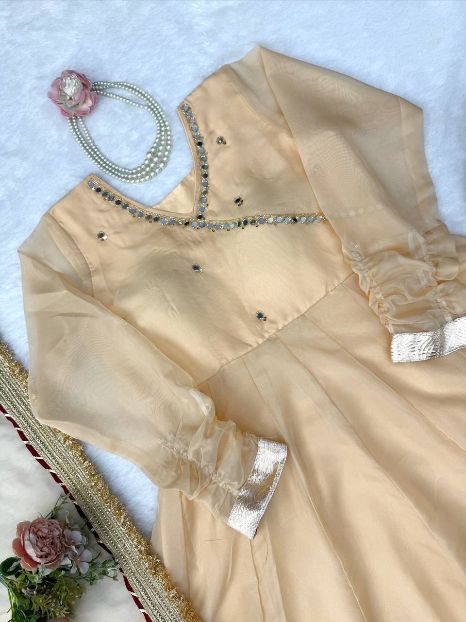 Aarohi Tabby Organza Silk Mirror Work Anarkali Lehenga with Dupatta