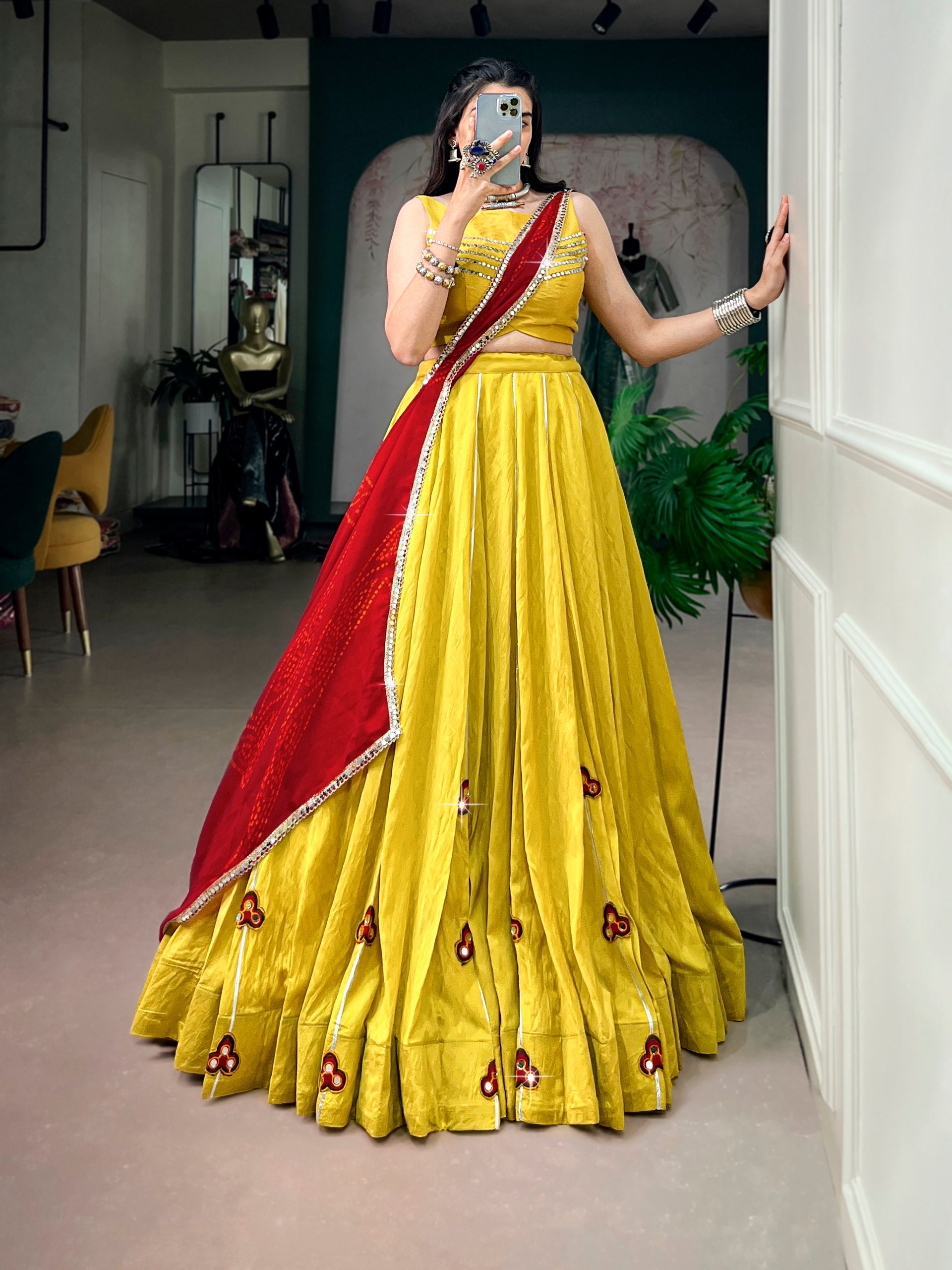 Yellow Chanderi Lehenga Choli Set with Mirror & Gamthi Work