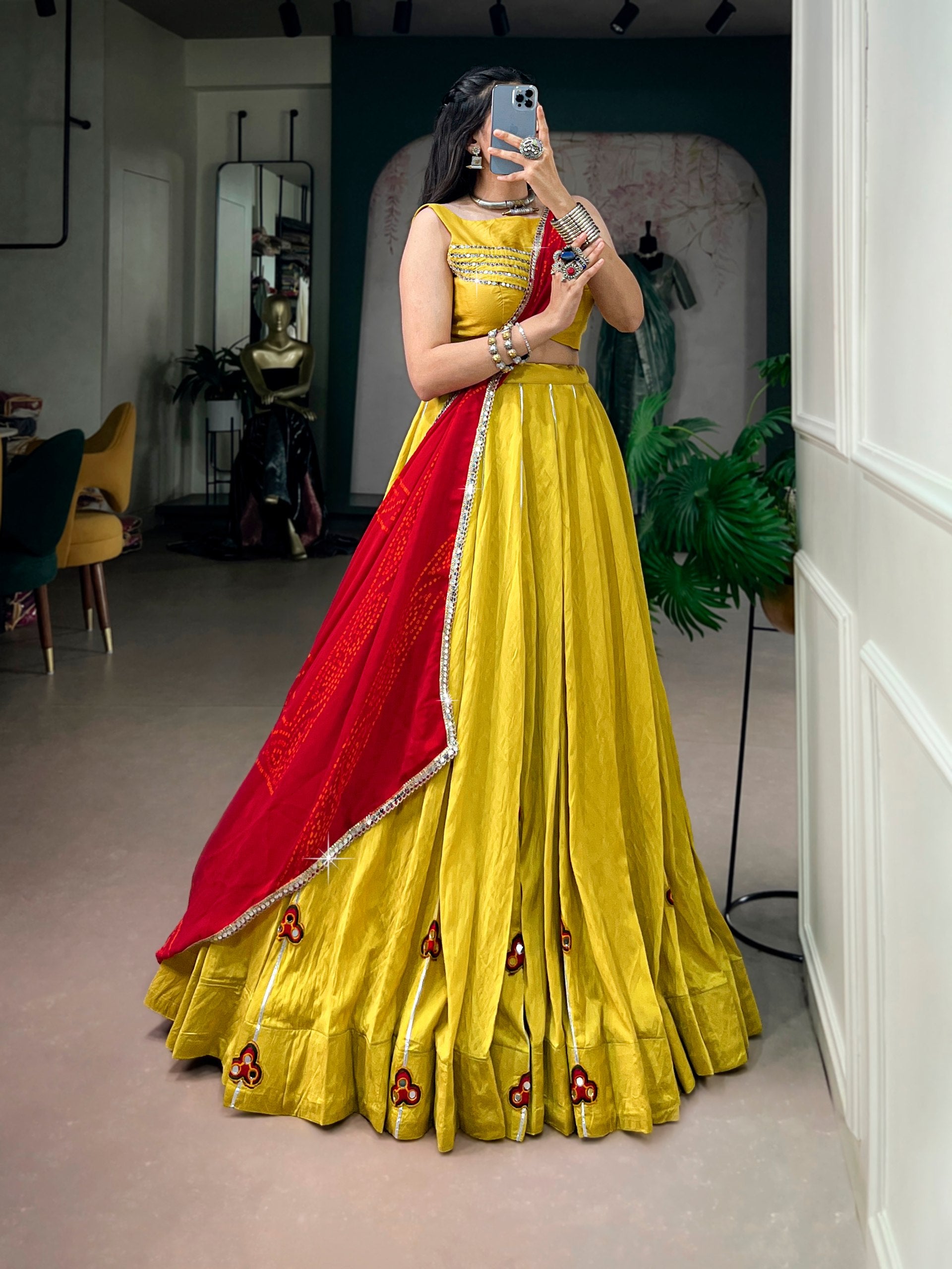 Yellow Chanderi Lehenga Choli Set with Mirror & Gamthi Work