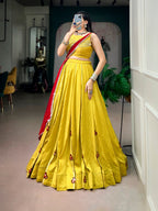 Yellow Chanderi Lehenga Choli Set with Mirror & Gamthi Work