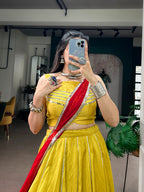 Yellow Chanderi Lehenga Choli Set with Mirror & Gamthi Work