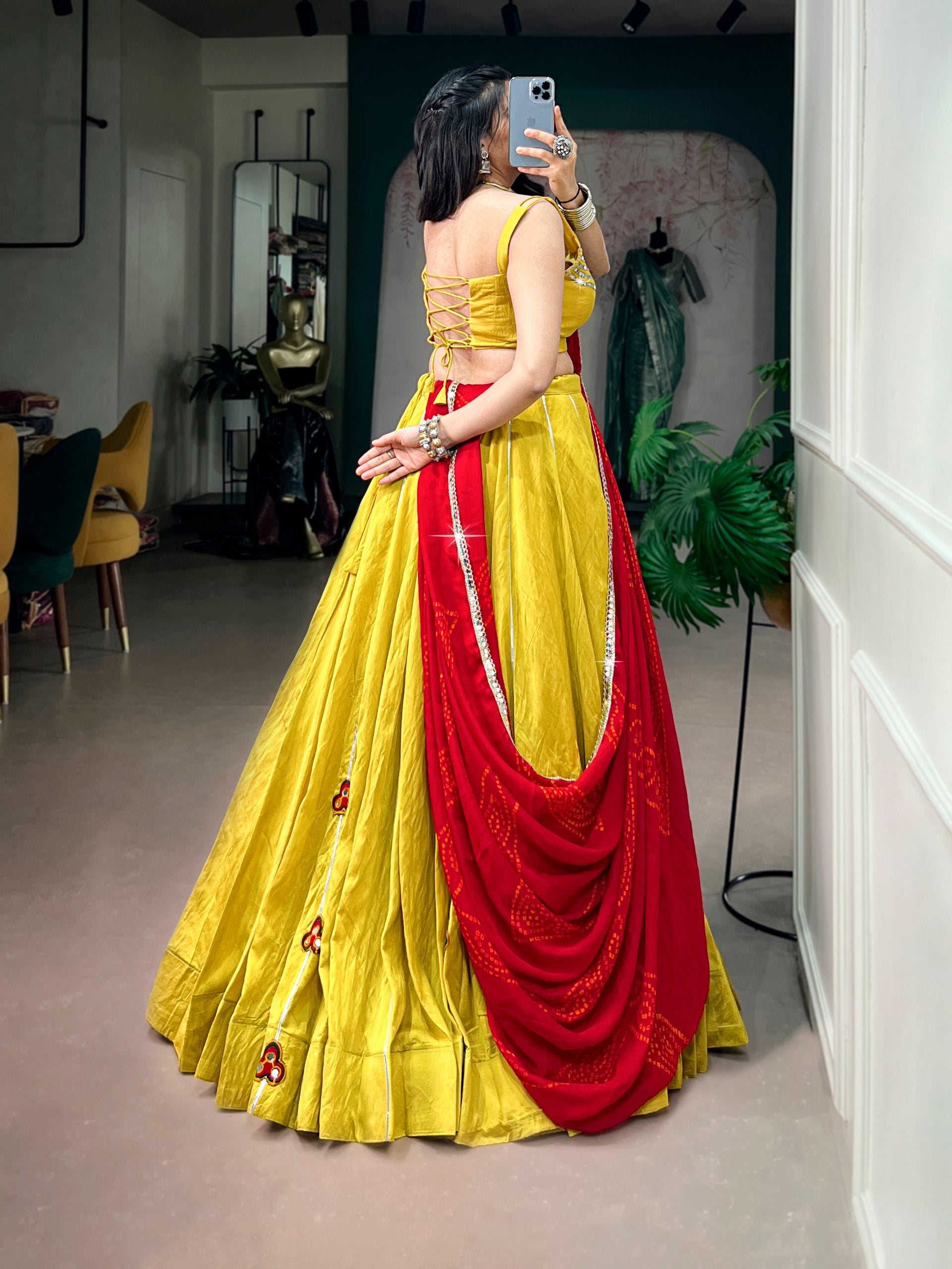 Yellow Chanderi Lehenga Choli Set with Mirror & Gamthi Work
