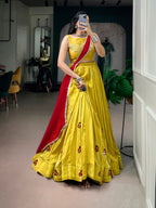 Yellow Chanderi Lehenga Choli Set with Mirror & Gamthi Work