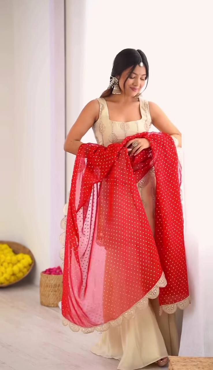 Chinora Designer Heavy Chinon Embroidered Kurti Palazzo Set with Digital Print Georgette Dupatta & Lace Border