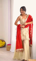 Chinora Designer Heavy Chinon Embroidered Kurti Palazzo Set with Digital Print Georgette Dupatta & Lace Border