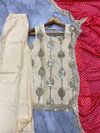 Chinora Designer Heavy Chinon Embroidered Kurti Palazzo Set with Digital Print Georgette Dupatta & Lace Border
