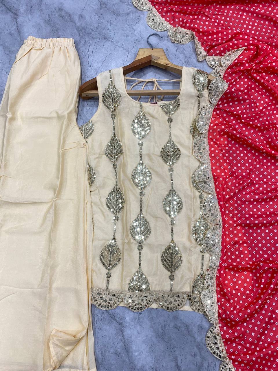 Chinora Designer Heavy Chinon Embroidered Kurti Palazzo Set with Digital Print Georgette Dupatta & Lace Border