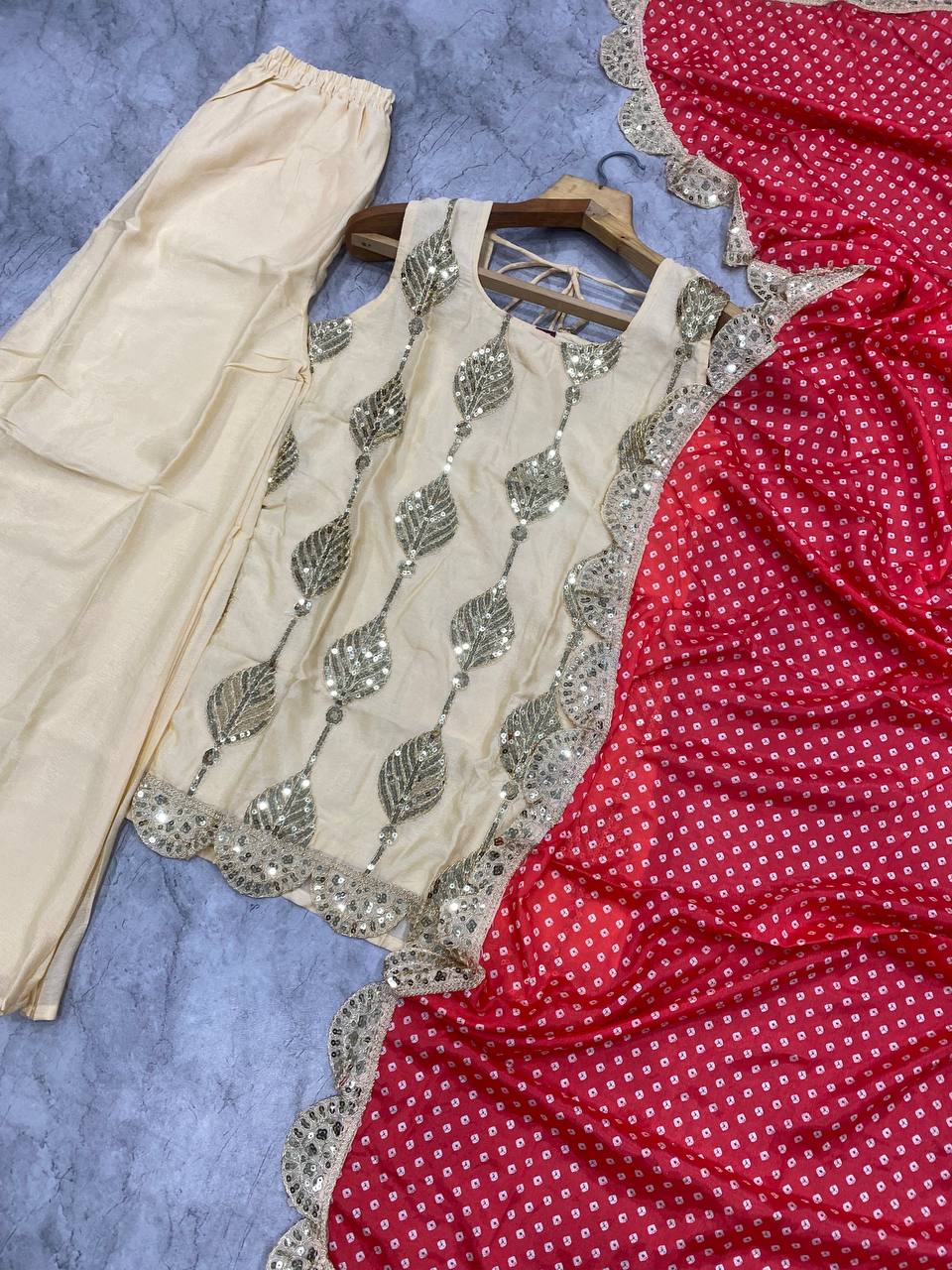 Chinora Designer Heavy Chinon Embroidered Kurti Palazzo Set with Digital Print Georgette Dupatta & Lace Border