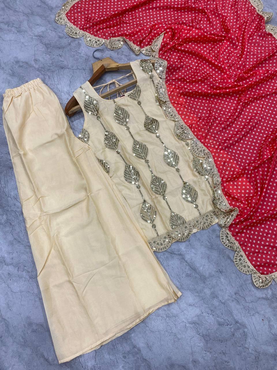 Chinora Designer Heavy Chinon Embroidered Kurti Palazzo Set with Digital Print Georgette Dupatta & Lace Border