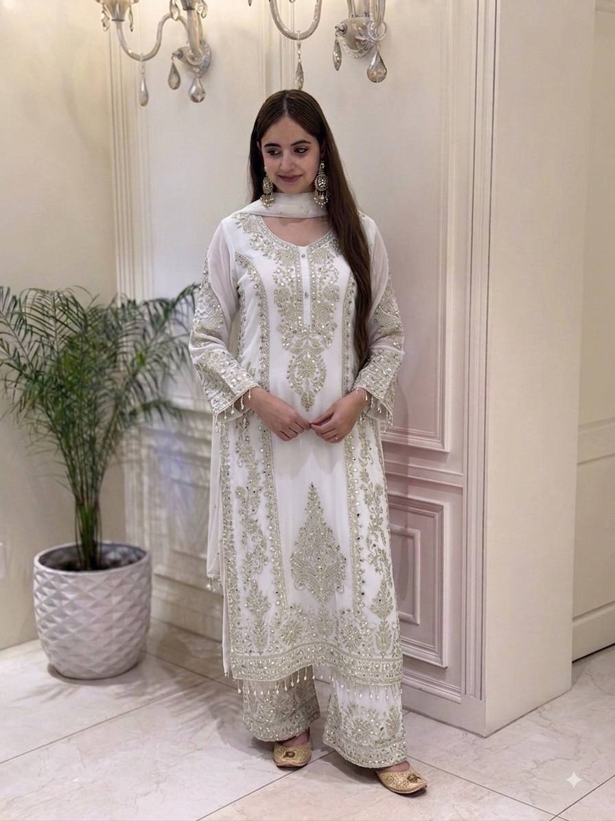 Premium Heavy Faux Georgette Embroidered Plazzo Suit for Women with Intricate Sequin Work, Full Sleeve Top, Lace Border Bottom & Designer Dupatta