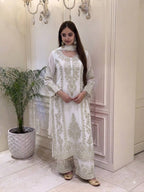 Premium Heavy Faux Georgette Embroidered Plazzo Suit for Women with Intricate Sequin Work, Full Sleeve Top, Lace Border Bottom & Designer Dupatta