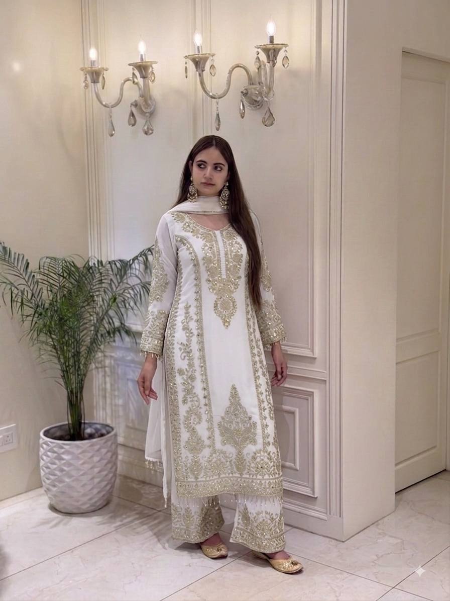 Premium Heavy Faux Georgette Embroidered Plazzo Suit for Women with Intricate Sequin Work, Full Sleeve Top, Lace Border Bottom & Designer Dupatta