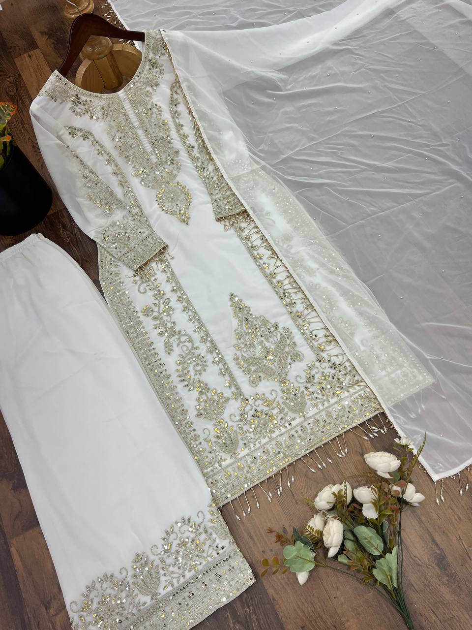 Premium Heavy Faux Georgette Embroidered Plazzo Suit for Women with Intricate Sequin Work, Full Sleeve Top, Lace Border Bottom & Designer Dupatta