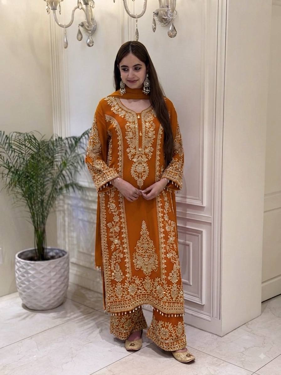 Premium Heavy Faux Georgette Embroidered Plazzo Suit for Women with Intricate Sequin Work, Full Sleeve Top, Lace Border Bottom & Designer Dupatta