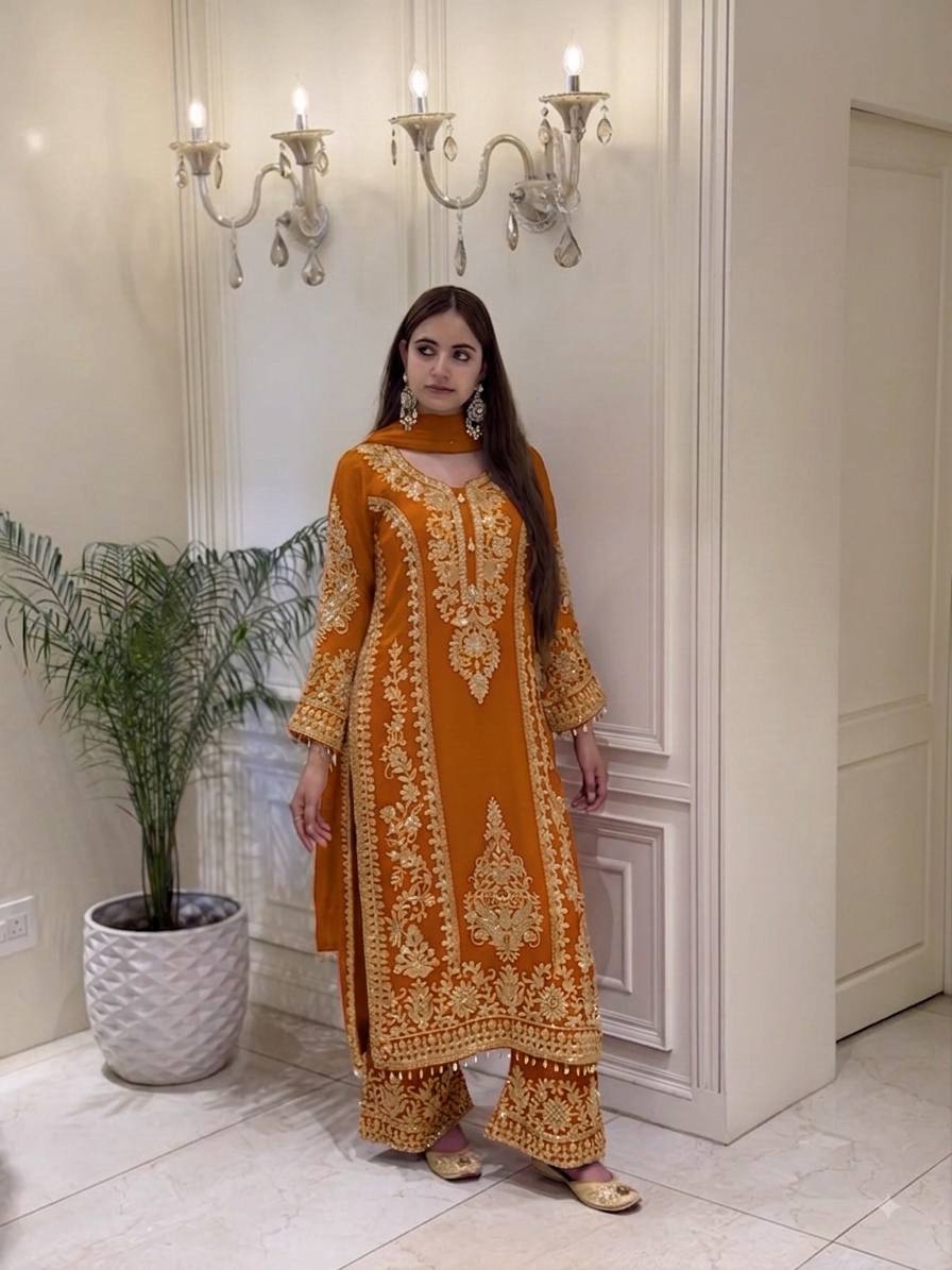 Premium Heavy Faux Georgette Embroidered Plazzo Suit for Women with Intricate Sequin Work, Full Sleeve Top, Lace Border Bottom & Designer Dupatta