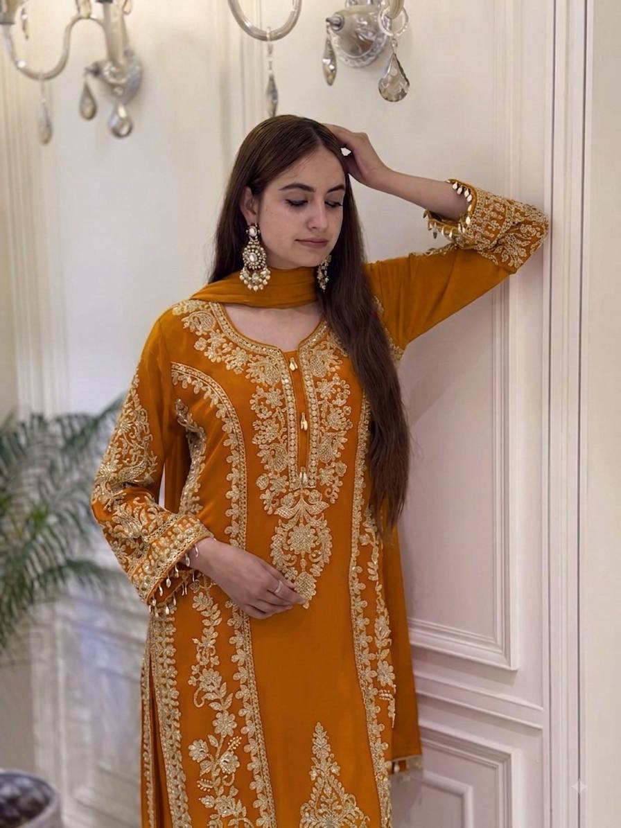 Premium Heavy Faux Georgette Embroidered Plazzo Suit for Women with Intricate Sequin Work, Full Sleeve Top, Lace Border Bottom & Designer Dupatta