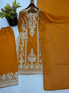 Premium Heavy Faux Georgette Embroidered Plazzo Suit for Women with Intricate Sequin Work, Full Sleeve Top, Lace Border Bottom & Designer Dupatta