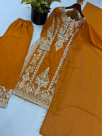 Premium Heavy Faux Georgette Embroidered Plazzo Suit for Women with Intricate Sequin Work, Full Sleeve Top, Lace Border Bottom & Designer Dupatta
