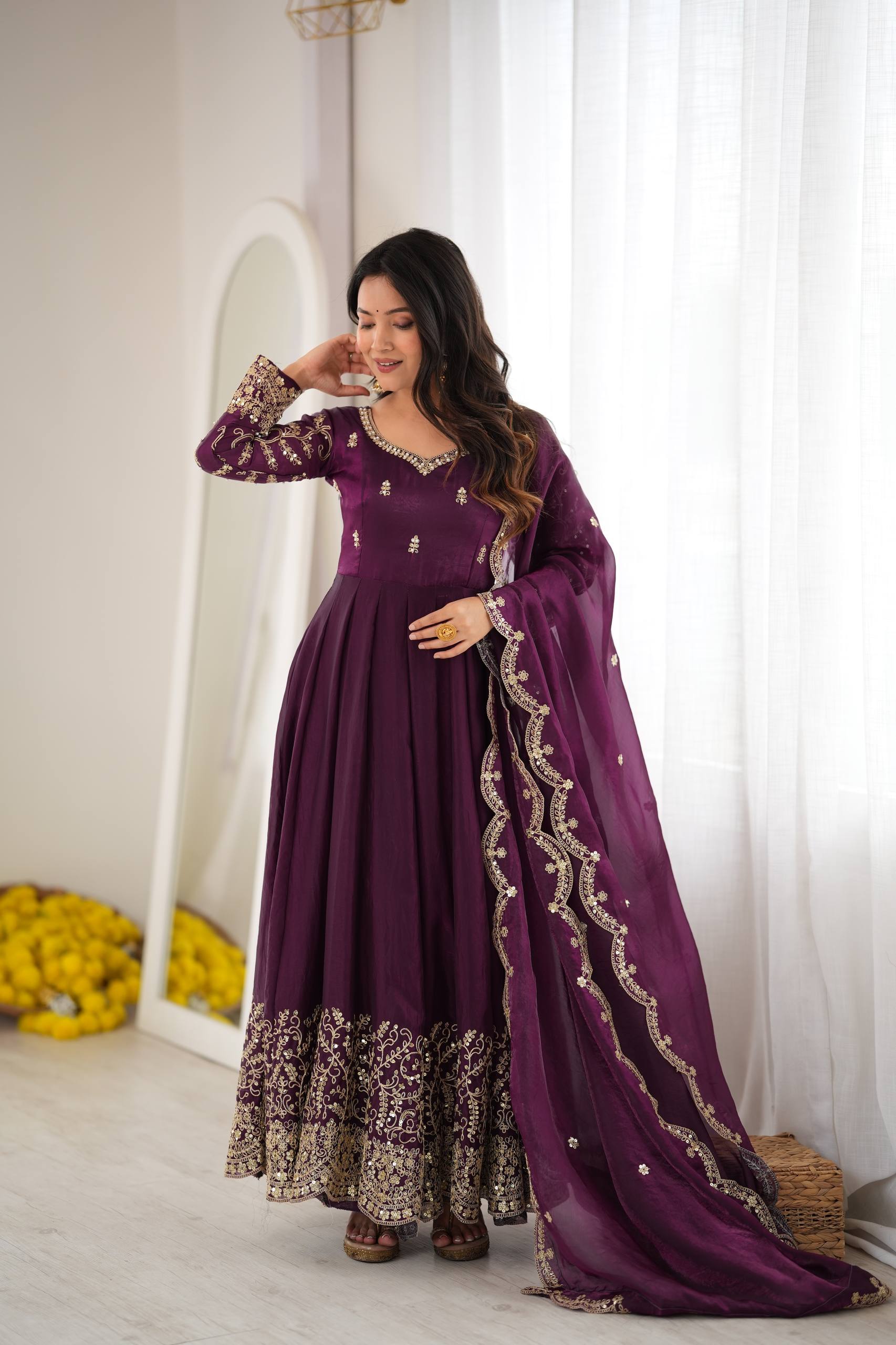 Designer Fendy Silk Gown Set with Heavy Embroidery Codding & Sequin Work, Full Sleeve Gown, Micro Cotton Pant and Matching Dupatta