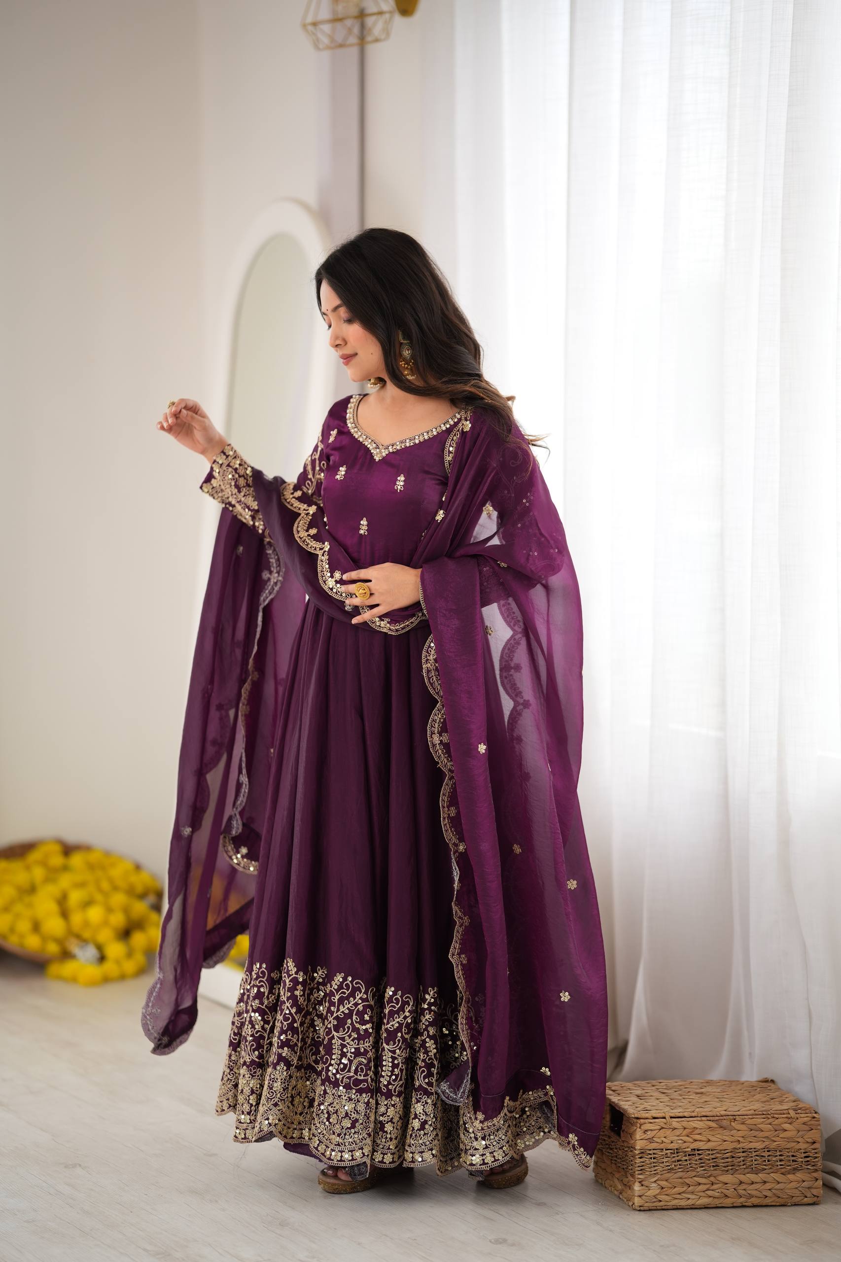 Designer Fendy Silk Gown Set with Heavy Embroidery Codding & Sequin Work, Full Sleeve Gown, Micro Cotton Pant and Matching Dupatta