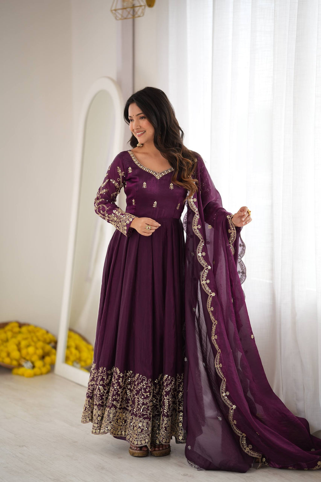 Designer Fendy Silk Gown Set with Heavy Embroidery Codding & Sequin Work, Full Sleeve Gown, Micro Cotton Pant and Matching Dupatta