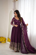 Designer Fendy Silk Gown Set with Heavy Embroidery Codding & Sequin Work, Full Sleeve Gown, Micro Cotton Pant and Matching Dupatta