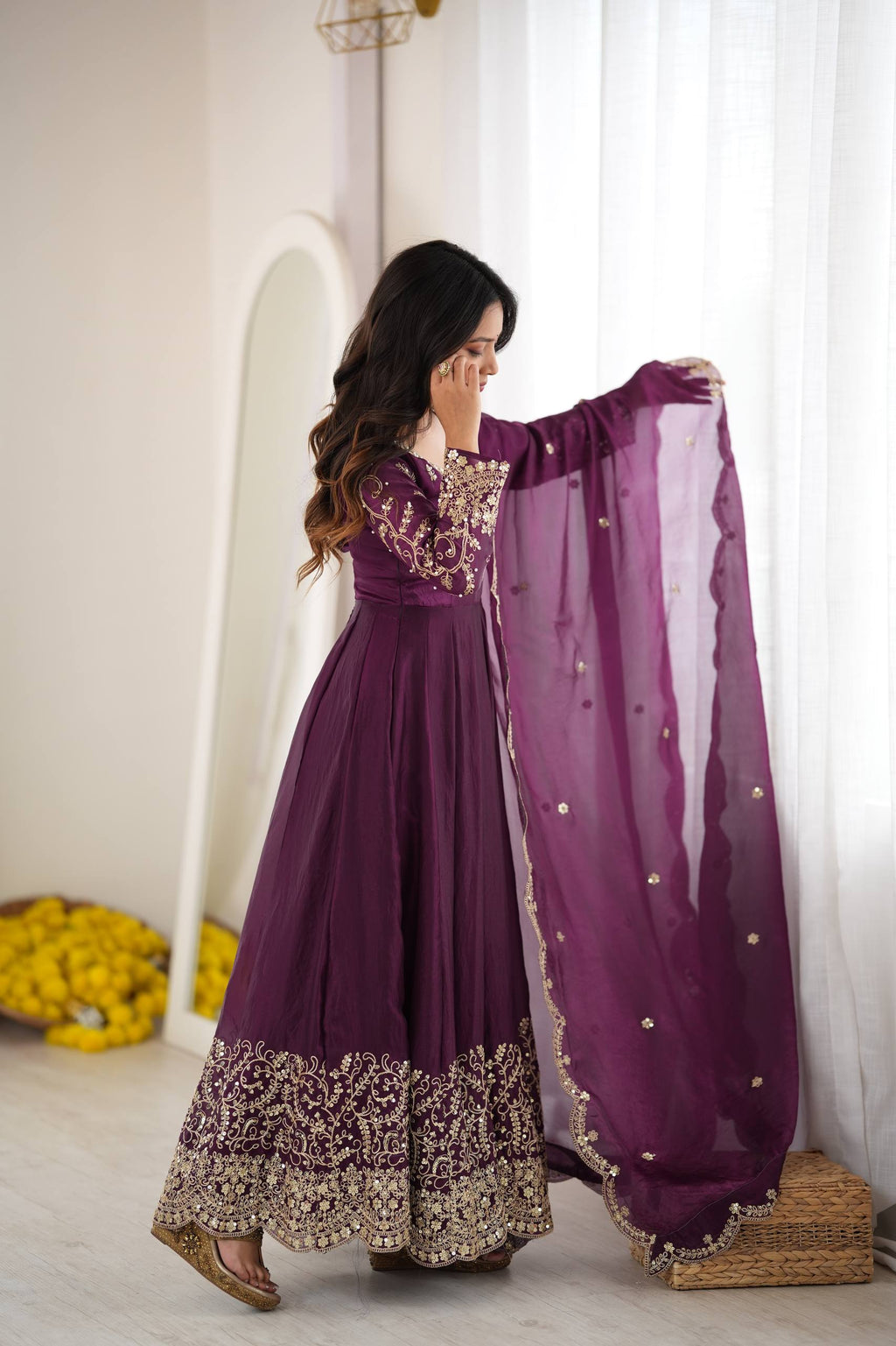 Designer Fendy Silk Gown Set with Heavy Embroidery Codding & Sequin Work, Full Sleeve Gown, Micro Cotton Pant and Matching Dupatta
