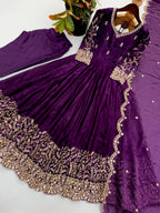 Designer Fendy Silk Gown Set with Heavy Embroidery Codding & Sequin Work, Full Sleeve Gown, Micro Cotton Pant and Matching Dupatta