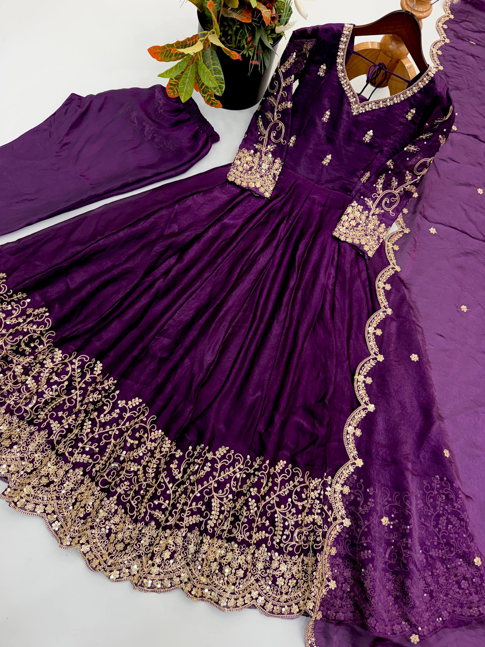 Designer Fendy Silk Gown Set with Heavy Embroidery Codding & Sequin Work, Full Sleeve Gown, Micro Cotton Pant and Matching Dupatta