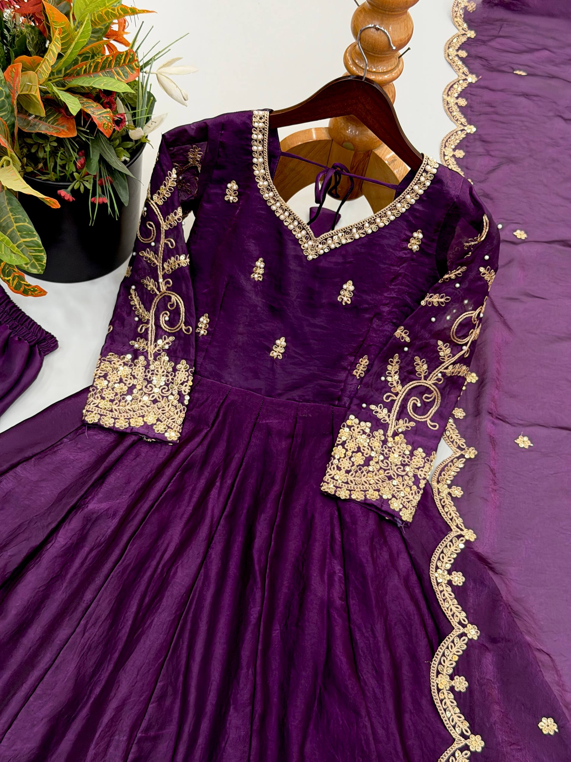 Designer Fendy Silk Gown Set with Heavy Embroidery Codding & Sequin Work, Full Sleeve Gown, Micro Cotton Pant and Matching Dupatta
