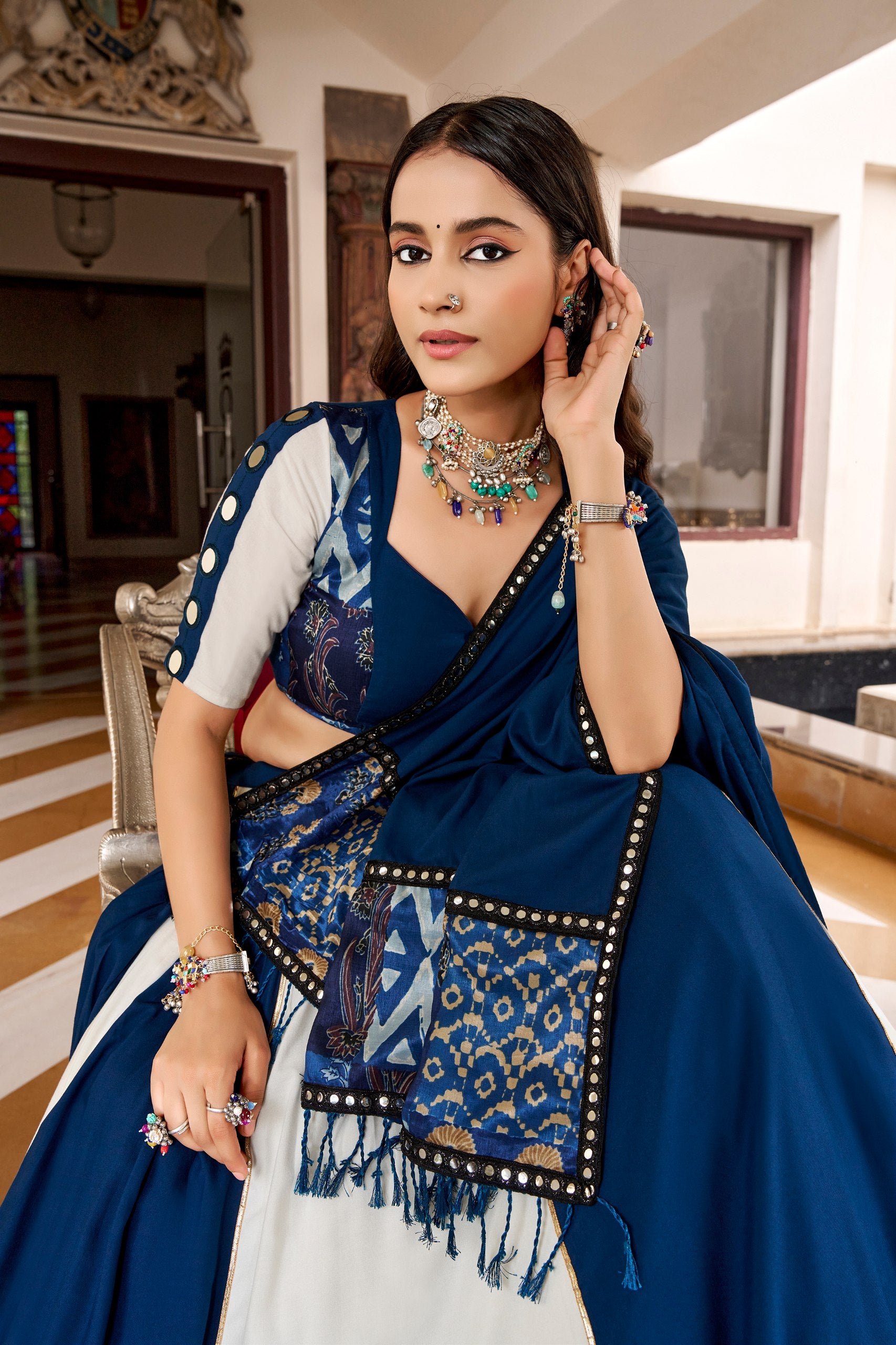 Peakcock Blue Traditional Rayon Lehenga for Navratri festival