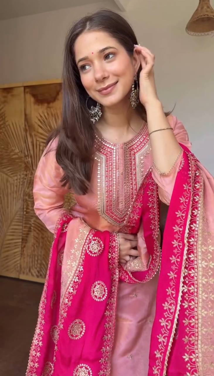 Premium Fendy Silk Embroidered Sequins Suit Set with Matching Dupatta