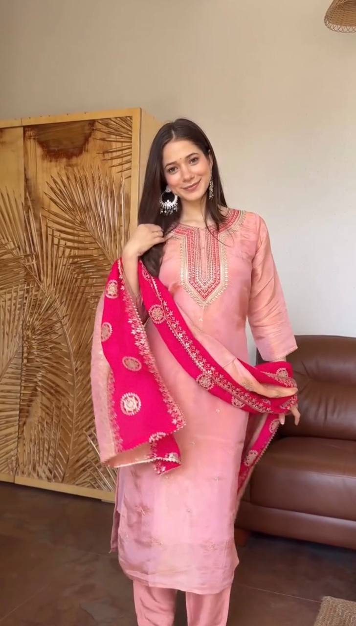 Premium Fendy Silk Embroidered Sequins Suit Set with Matching Dupatta