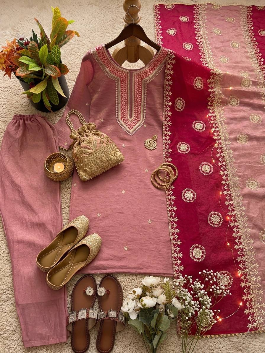Premium Fendy Silk Embroidered Sequins Suit Set with Matching Dupatta