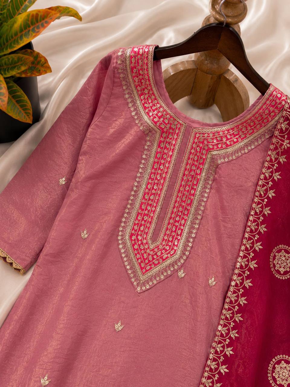 Premium Fendy Silk Embroidered Sequins Suit Set with Matching Dupatta