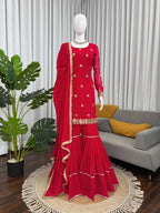 Modern Ethnic Faux Georgette Sharara Set for Women with Thread & Sequin Embroidery, Designer Kurta, Full Sharara & 4-Side Lace Border Dupatta