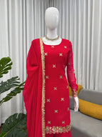 Modern Ethnic Faux Georgette Sharara Set for Women with Thread & Sequin Embroidery, Designer Kurta, Full Sharara & 4-Side Lace Border Dupatta