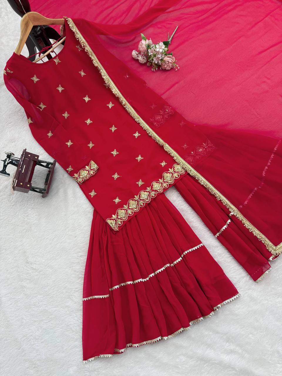 Modern Ethnic Faux Georgette Sharara Set for Women with Thread & Sequin Embroidery, Designer Kurta, Full Sharara & 4-Side Lace Border Dupatta