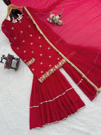 Modern Ethnic Faux Georgette Sharara Set for Women with Thread & Sequin Embroidery, Designer Kurta, Full Sharara & 4-Side Lace Border Dupatta