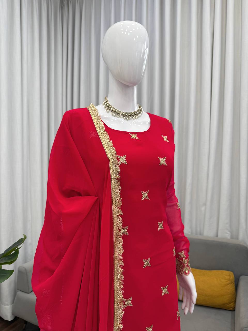 Modern Ethnic Faux Georgette Sharara Set for Women with Thread & Sequin Embroidery, Designer Kurta, Full Sharara & 4-Side Lace Border Dupatta