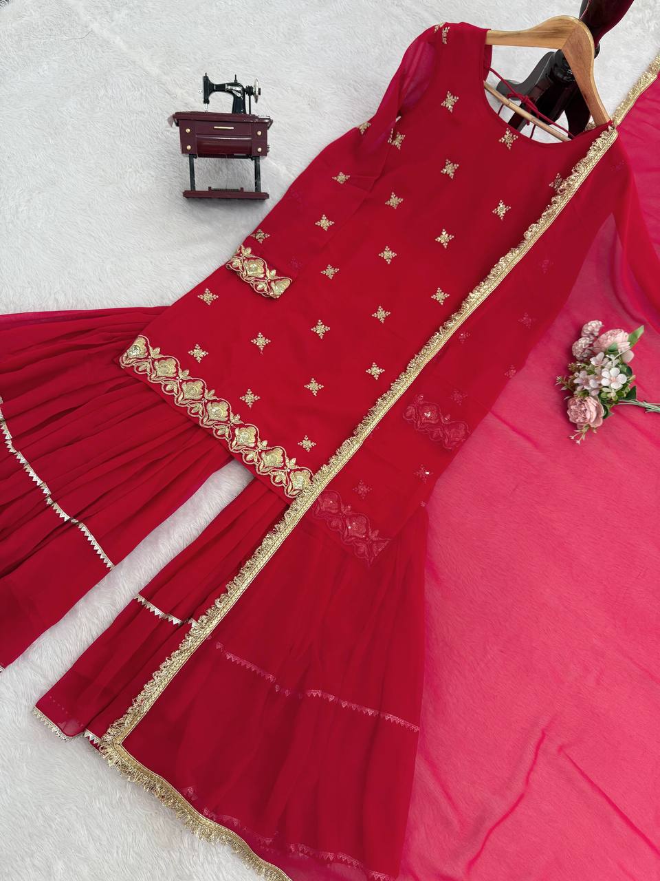 Beautiful Red Georgette Thread & Sequins Work Sharara Set